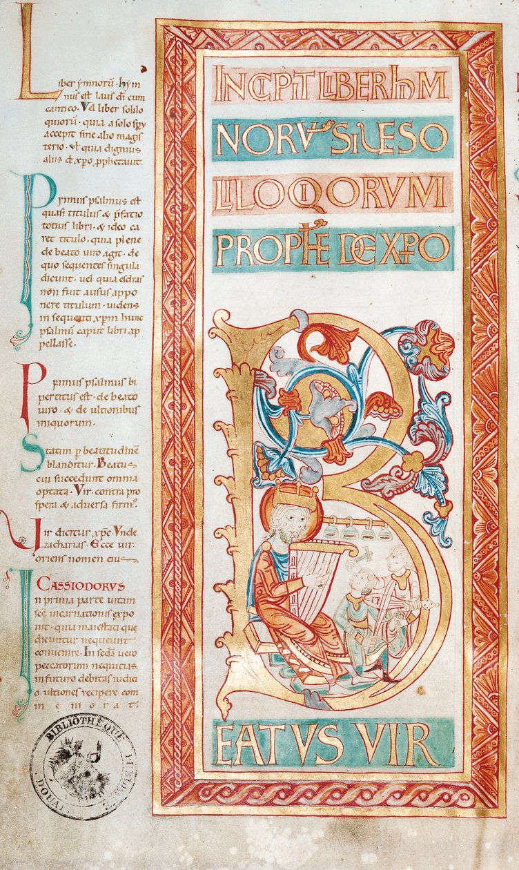 Ms 232 f.3v Historikert initial B som viser kong David, fra en salmebok av French School