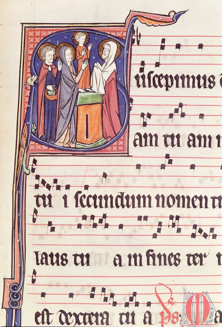 Ms 241 f.144 Historikert initial S som viser presentasjonen av Jesus ved tempelet, fra Antifonalen for innvielsen av Abbey Church of Vauclair, 1257 av French School