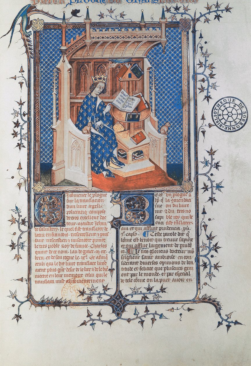 Ms 24287 fol. 2r Charles V, the Wise, King of France, fra John of Salisbury, Polycraticus, oversatt av Denis Foulechatis, ca. 1372 (vellum) av French School