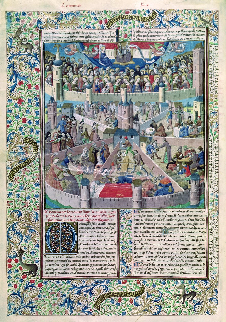 Ms 246 fol.3v Vices and Virtues on Earth, fra De Civitate Dei av St. Augustine of Hippo (354-430) av French School