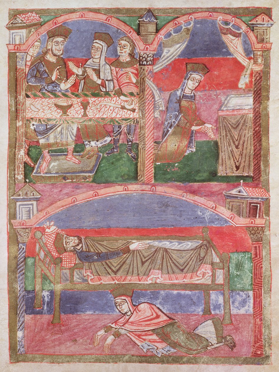 Ms 250 f.24r St. Radegund (518-87) ved bordet til Clothar I (497-561), i hennes oratorium og ved føttene til den kongelige seng, fra St. Radegunds liv av French School