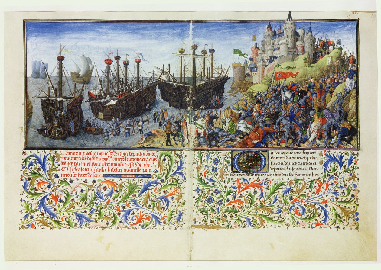 Ms 2617 Amazonas slott er beleiret av Theseus, hertugen av Athen, fra La Teseida, av Giovanni Boccaccio (1313-75) 1340-41 av French School