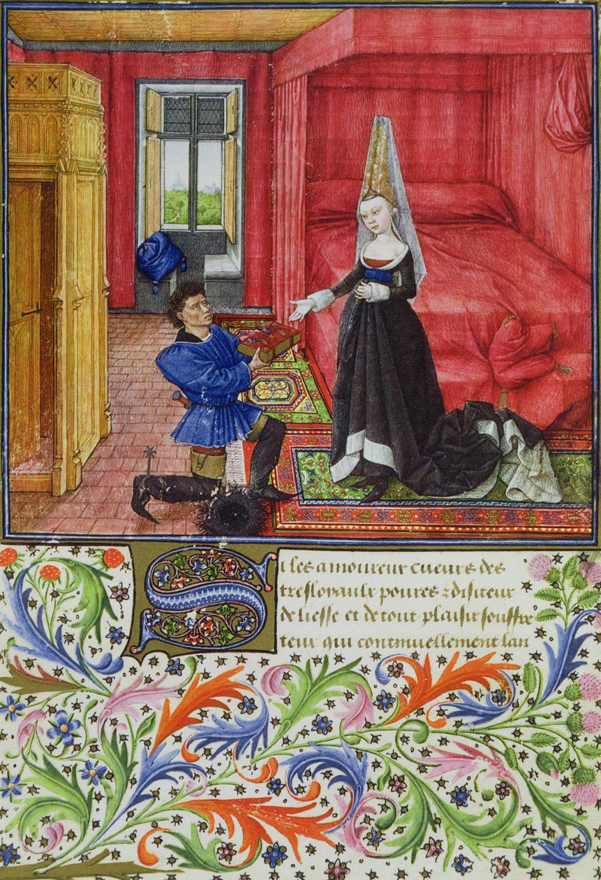 Ms 2617 Skriveren som dedikerer La Teseida til en ukjent ung kvinne, fra La Teseida, av Giovanni Boccaccio (1313-75) 1340-41 av French School
