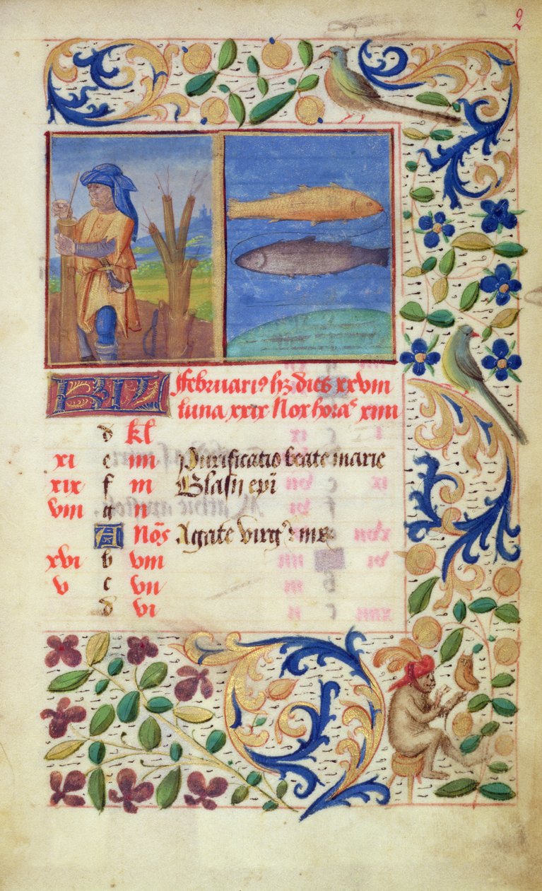 Ms 2697 Kalender for februar måned, fra Heures de Notre Dame av French School