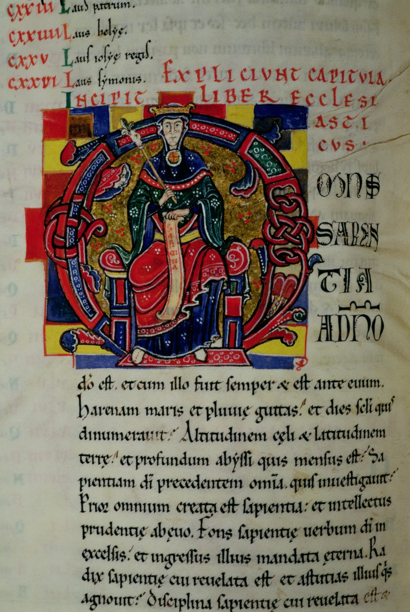 Ms 2 fol.8 Historikert initial O som viser en visdomsfigur, fra St. Benigne-bibelen av French School