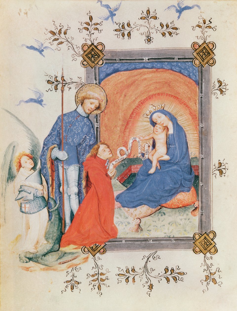 Ms 3024 fol.12v Jomfru og barn med en knelende mann og St. George, fra en timebok av French School