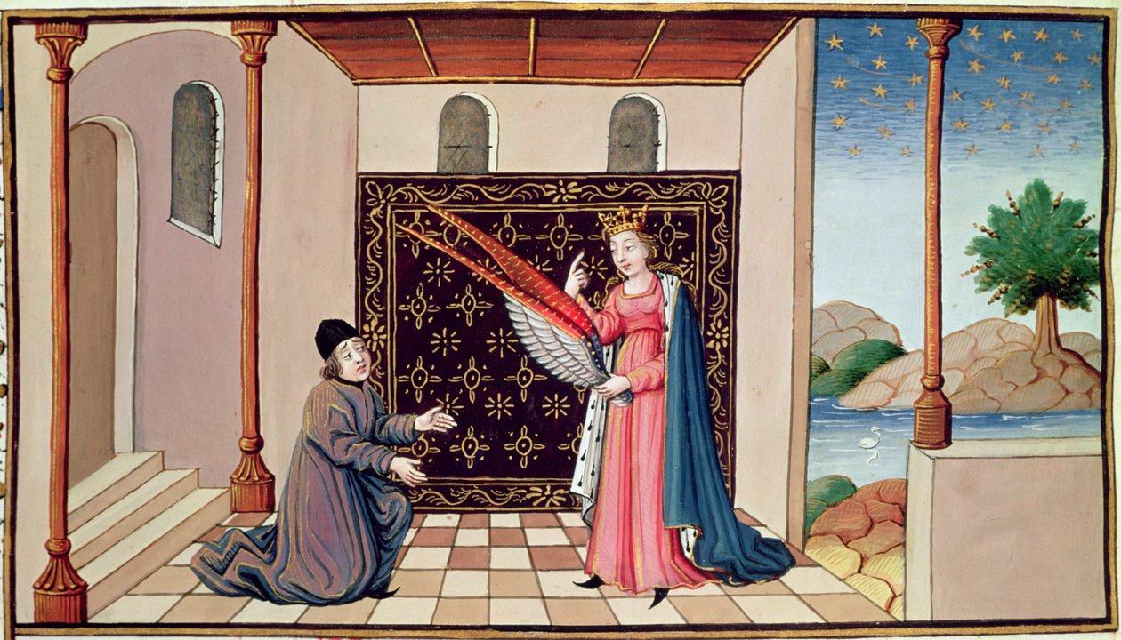Ms 3045 fol.68v Lady Philosophy tilbyr Boethius vingene som vil gjøre hans sinn i stand til å fly til værs av French School