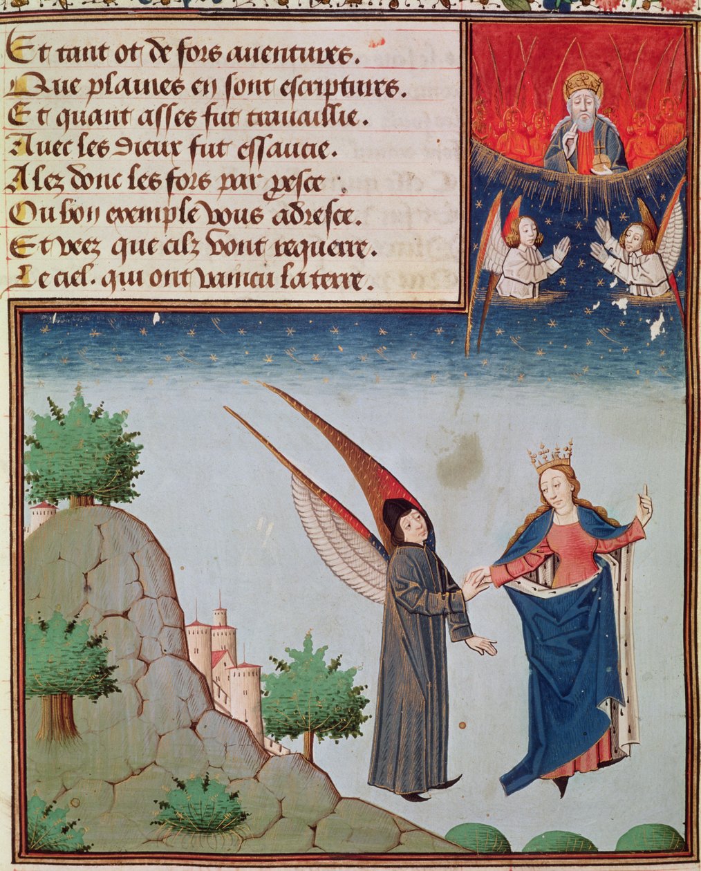 Ms 3045 fol.94r Lady Philosophy fører Boethius i flukt til himmelen på vingene som hun har gitt ham; Gud Faderen ser på i velsignelse av French School