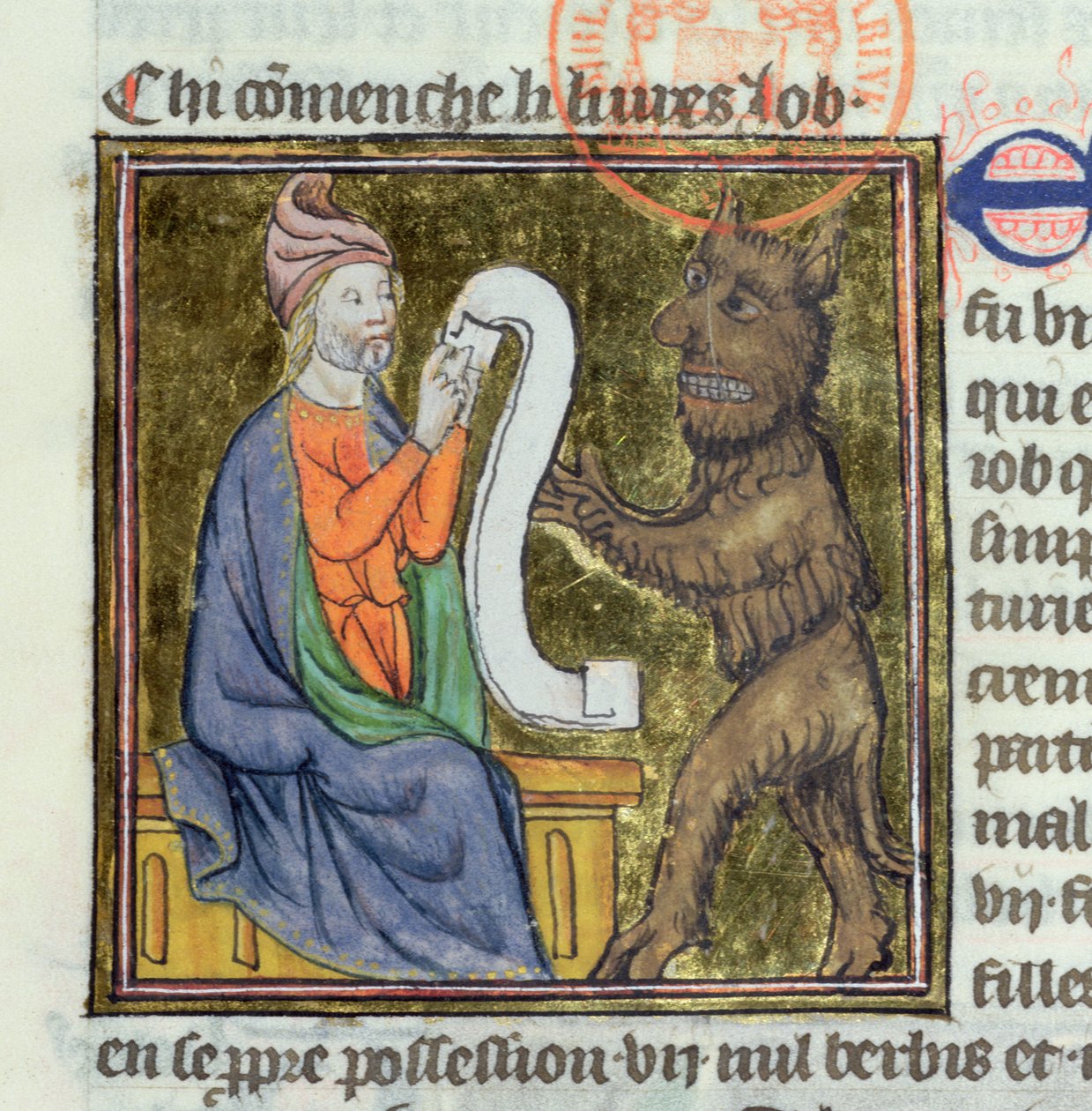 Ms 312 The Temptation of Job by the devil, miniatyr fra Bible Historiale of Guyart des Moulins av French School