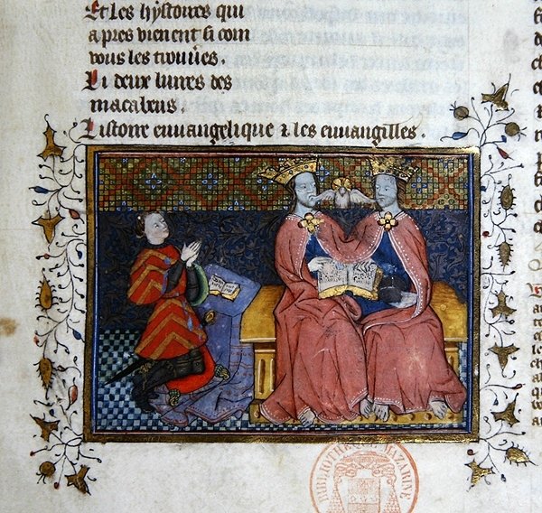 Ms 312 Treenigheten og den knelende donorskikkelsen, miniatyr fra Bible Historiale of Guyart des Moulins (vellum) av French School