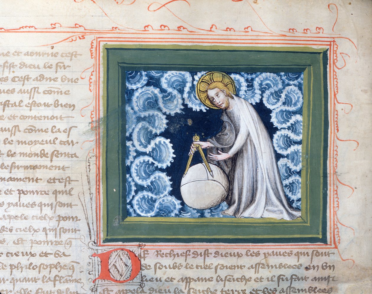 Ms 313 Gud skaper verden, miniatyr fra Bible des Grands Augustins, 1494 av French School