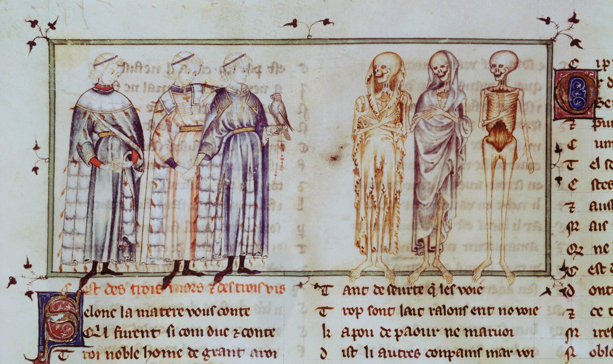 Ms 3142 fol.311r Historien om de tre levende mennene og de tre døde, fra Recueil de Poesies Francaises, ca. 1280-90 av French School