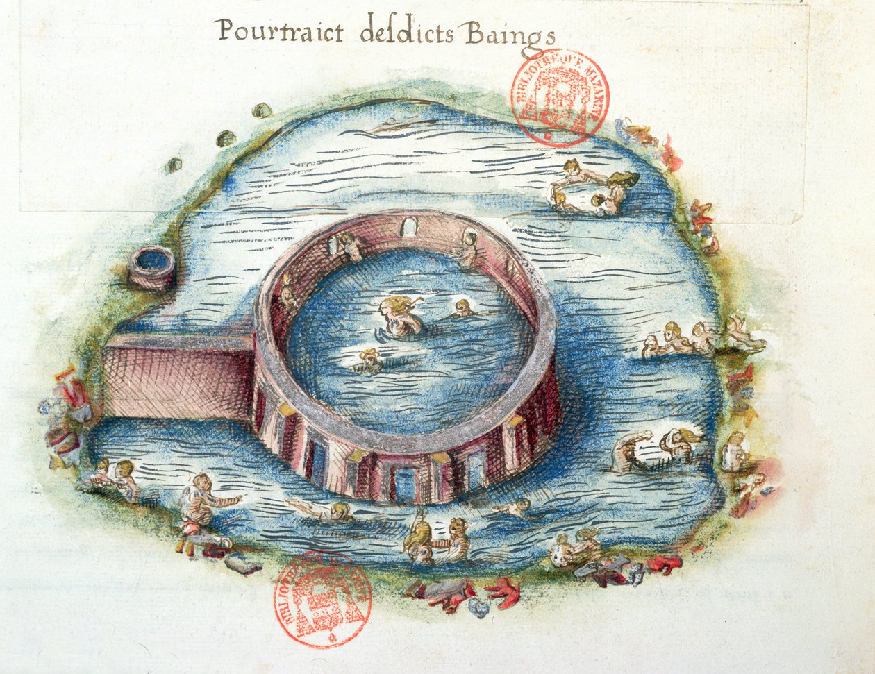 Ms 3242 The Baths of Bourbon-Lancy, illustrasjon fra Generale Description du Bourbonnais av Nicolas de Nicolay, 1569 (wc på papir) av French School