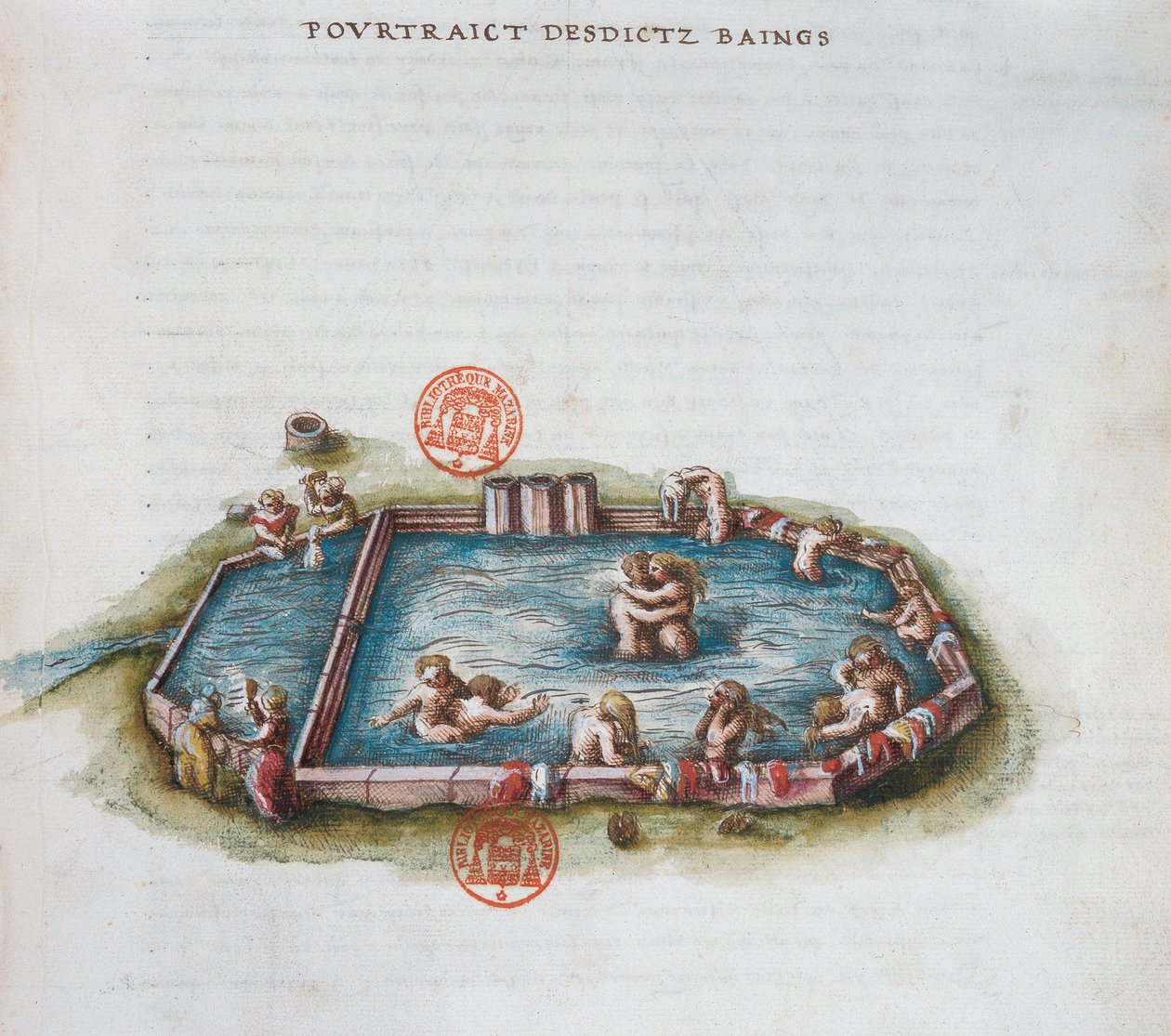 Ms 3243 The Baths of Bourbon lArchambaut, Auvergne, illustrasjon fra Generale Description du Bourbonnais av Nicolas de Nicolay, 1569 (wc på papir) av French School