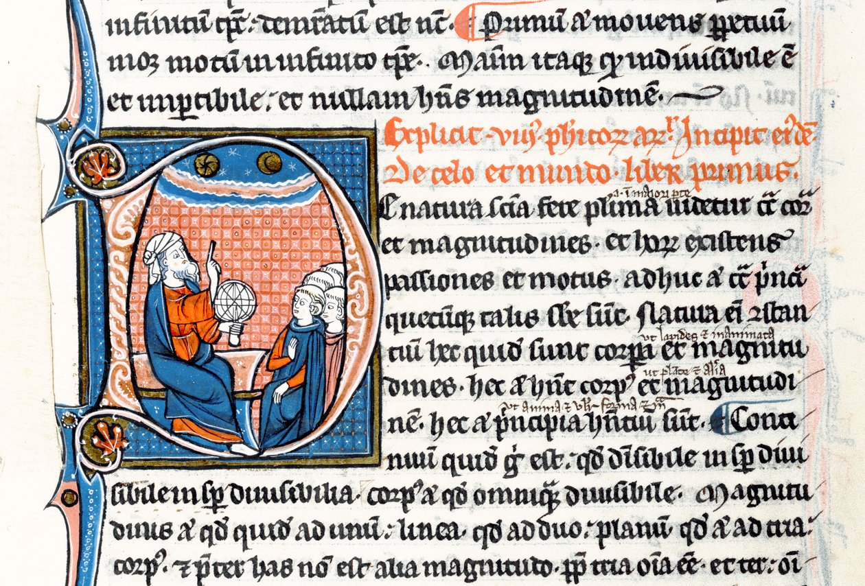Ms 3458 fol 62vo Historikert initial D som viser Aristoteles som holder en armillarsfære og peker mot himmelen mens han underviser en gruppe geistlige fra Vest-Europa (penn og blekk og tempera på vell av French School