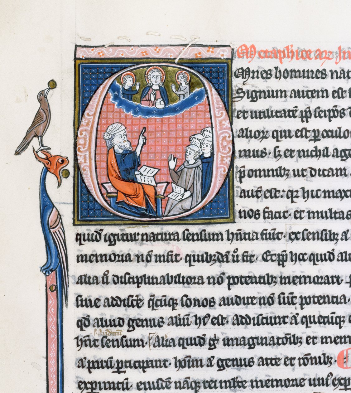 Ms 3458, historikert initial O som skildrer den antikke greske filosofen Aristoteles, som underviste en gruppe geistlige fra Vest-Europa og peker oppover mot Gud i himmelen (penn og blekk og tempera av French School