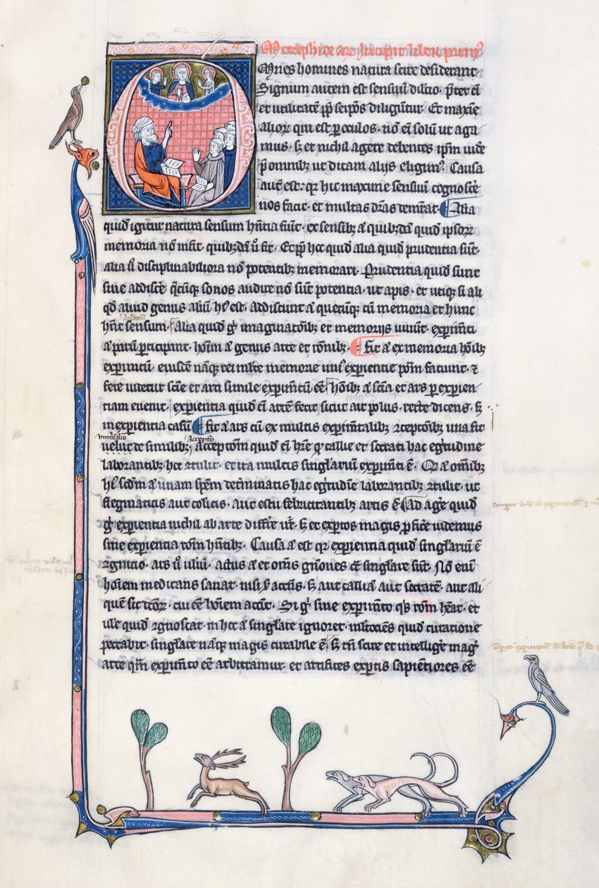 Ms 3458, historikert initial O som skildrer den antikke greske filosofen Aristoteles, som underviste en gruppe geistlige fra Vest-Europa og peker oppover mot Gud i himmelen (penn og blekk og tempera av French School