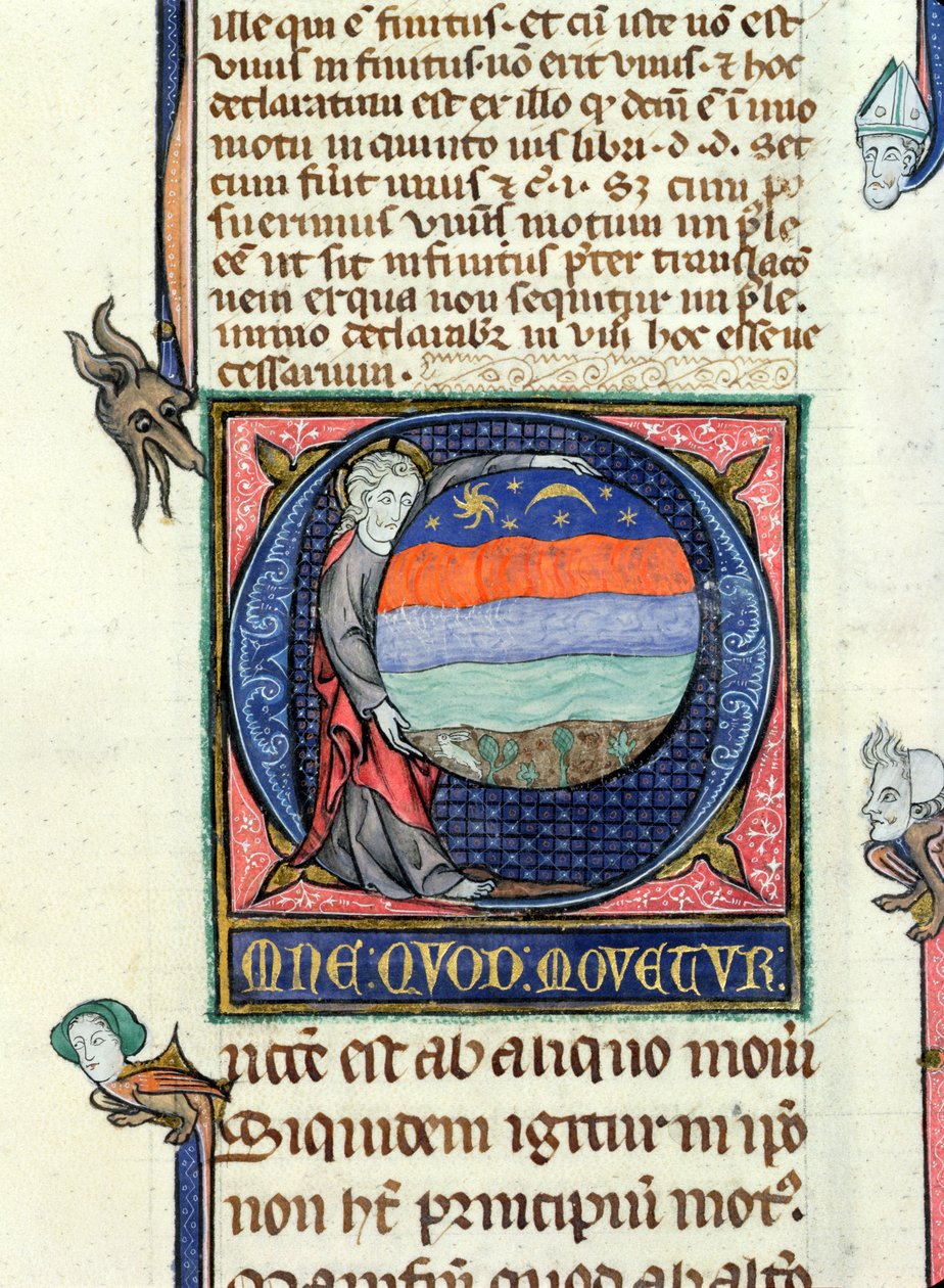 Ms 3469 Kristus holder en globus med de fire elementene, fra fysikken av Aristoteles (384-322 f.Kr.) (penn, blekk og tempera på vellum) av French School