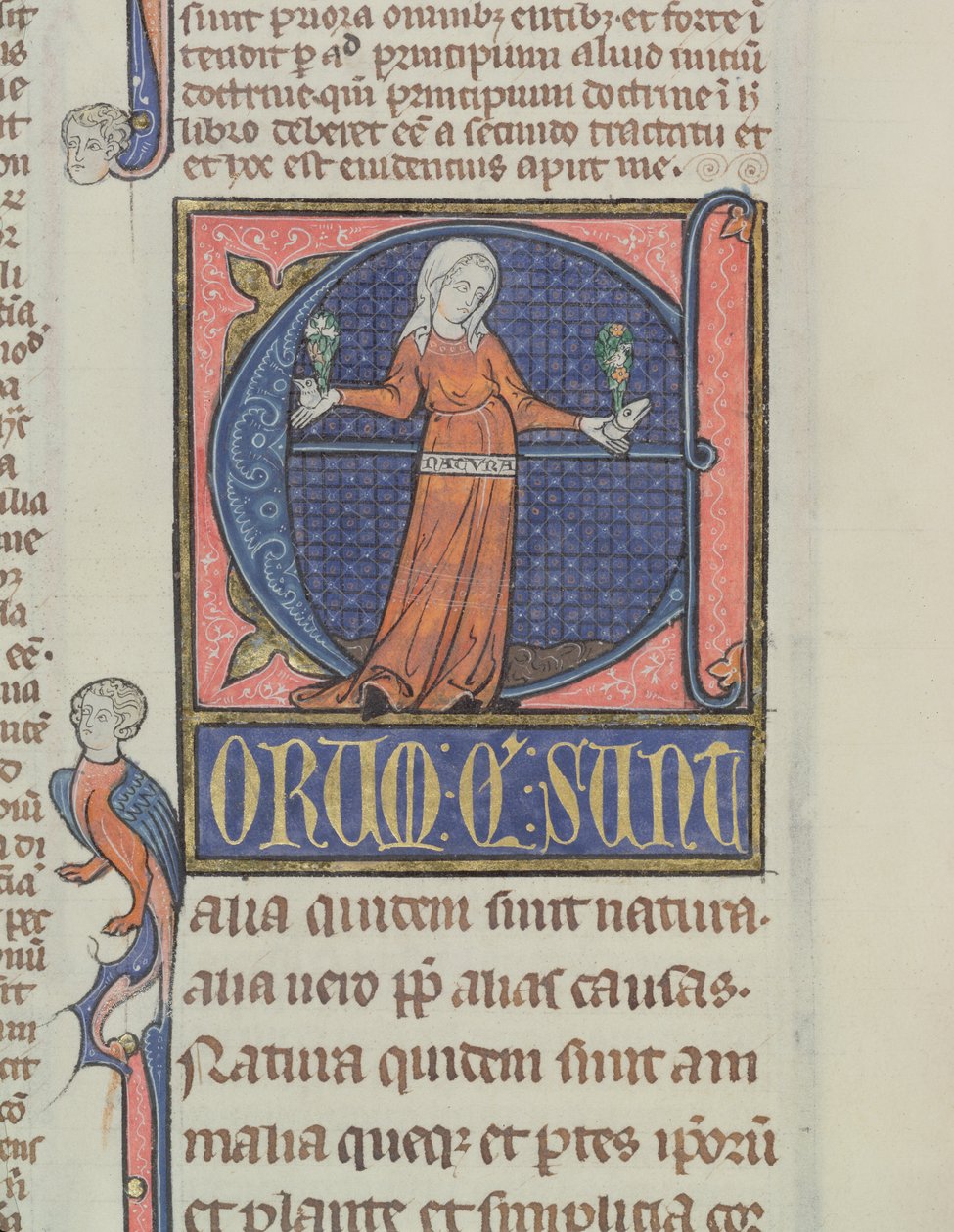 Ms 3469 Historikert initial E med en representasjon av naturen, fra fysikken av Aristoteles (384–322 f.Kr.) (penn, blekk og tempera på vellum) av French School