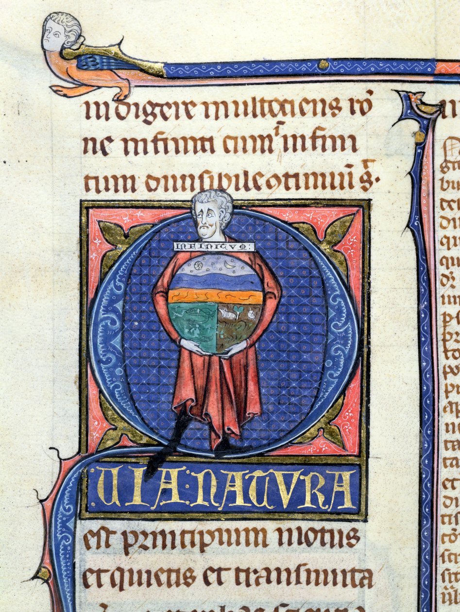 Ms 3469 Philosopher holder en globus med de fire elementene, fra Physics av Aristoteles (384-322 f.Kr.) (penn, blekk og tempera på vellum) av French School