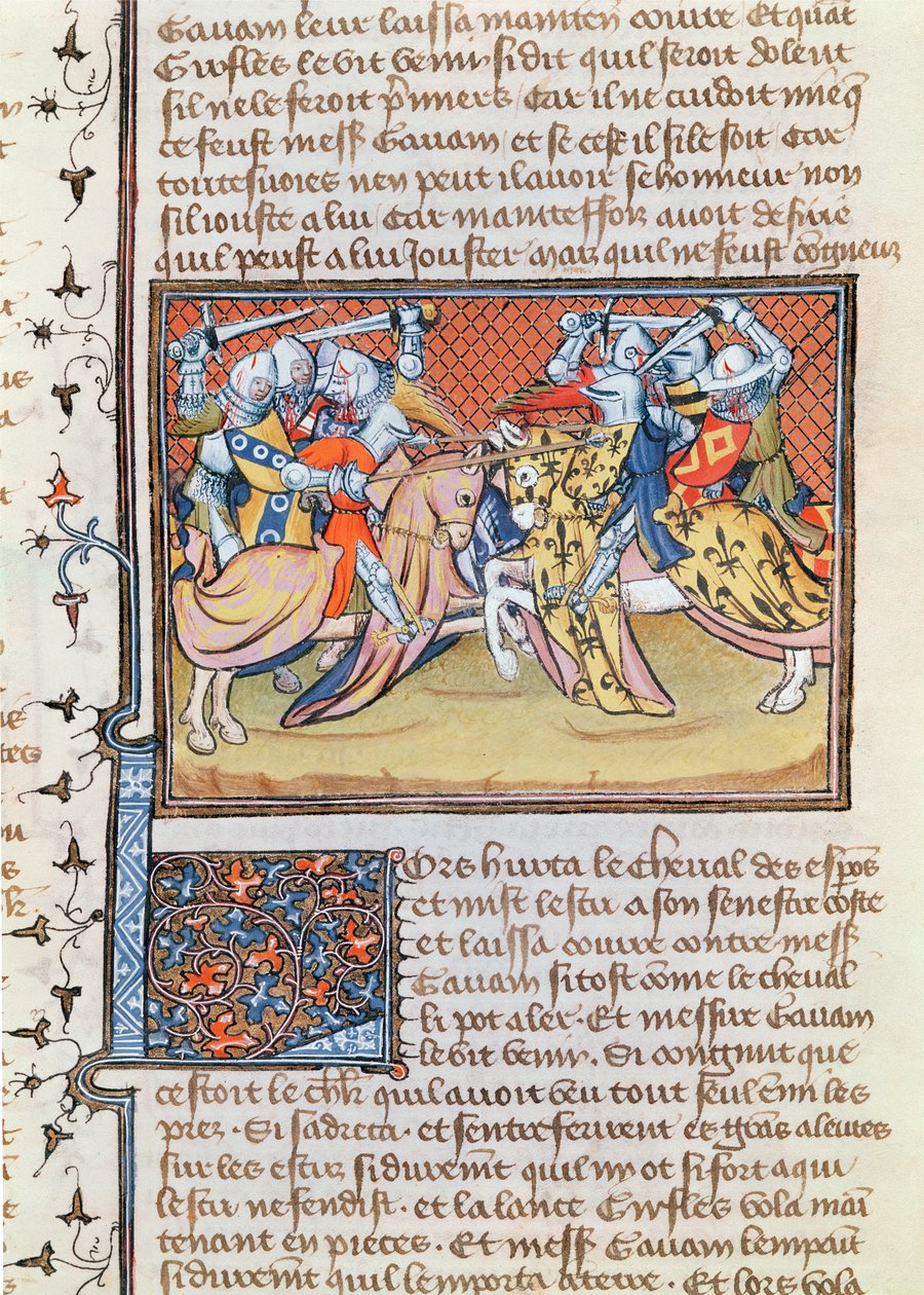 Ms 3479 t.1 fol.539 Når hestene kolliderer, fra Livre de Messire Lancelot du Lac av French School