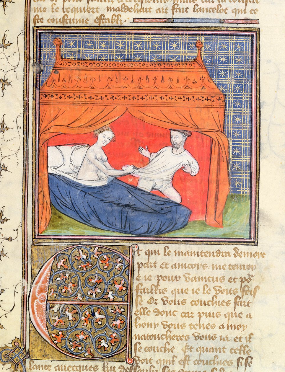 Ms 3480 Lancelot prøver å rømme fra en kvinne i en seng, fra Livre de Messire Lancelot du Lac av French School