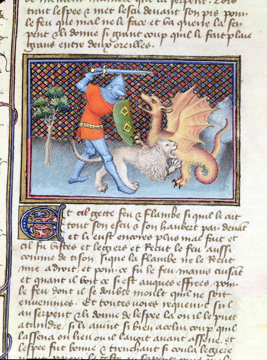 Ms 3480 Yvain, ridderen med løven, kjemper mot en drage, miniatyr fra Roman de Lancelot av French School