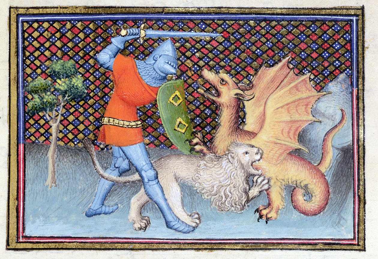 Ms 3480 Yvain, ridderen med løven, kjemper mot en drage, miniatyr fra Roman de Lancelot, detalj av French School