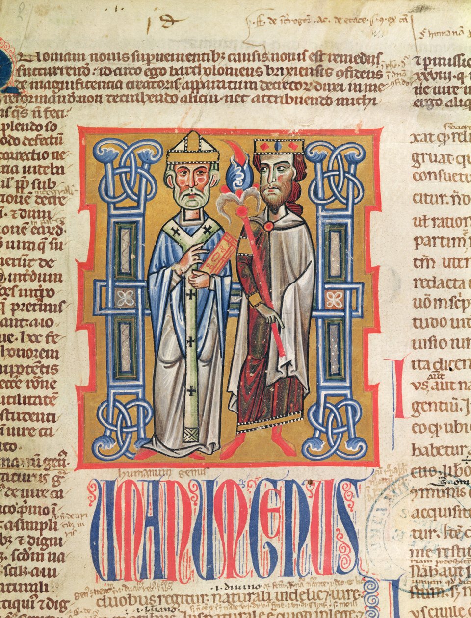 Ms 354 fol.9 Miniatyr av en biskop og konge fra Decretum Gratiani, 1300-tallet av French School