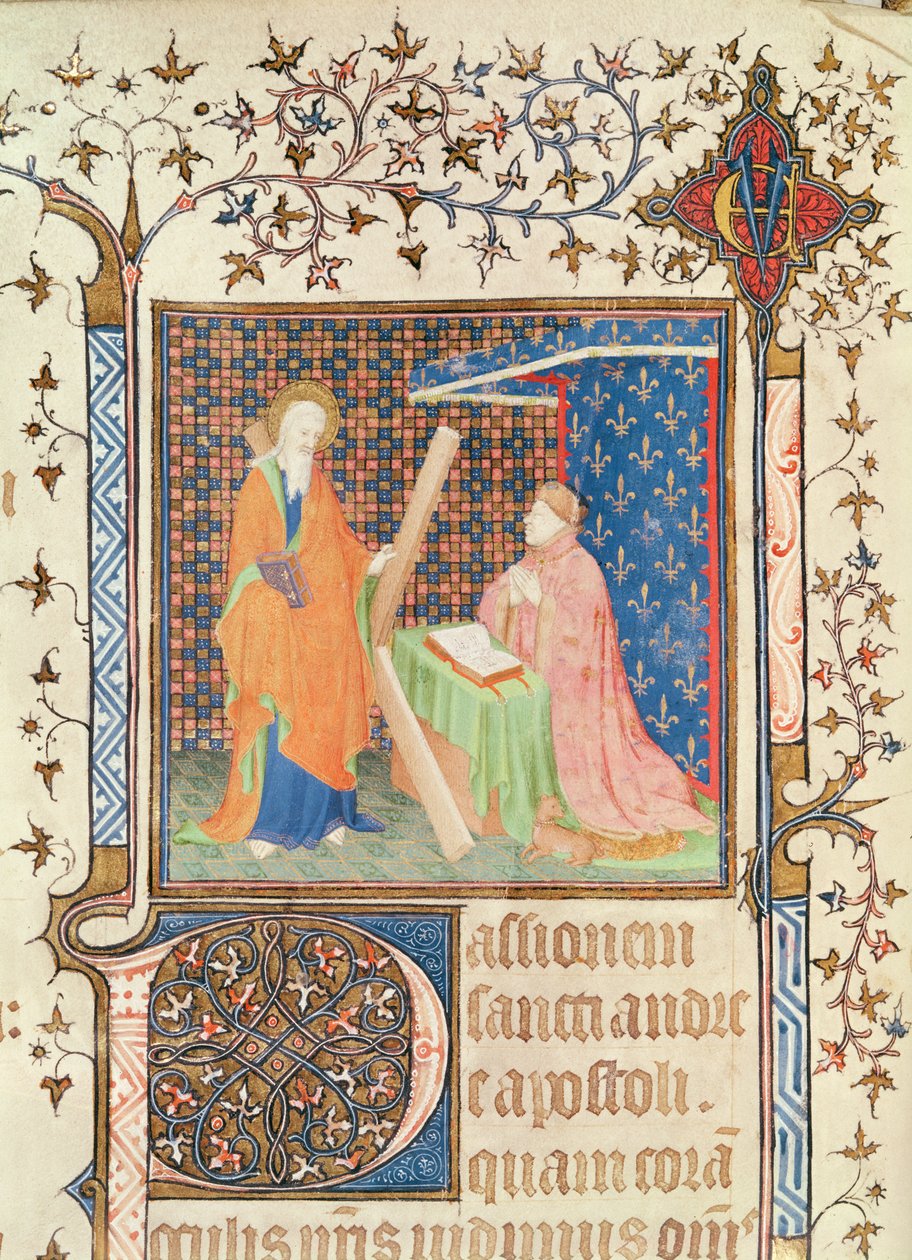 Ms 35 fol.17v Jean de France (1340-1416) Duc de Berry ber foran St. Andrew, fra Lectionary of Sainte-Chapelle de Bourges, ca. 1404-10 av French School