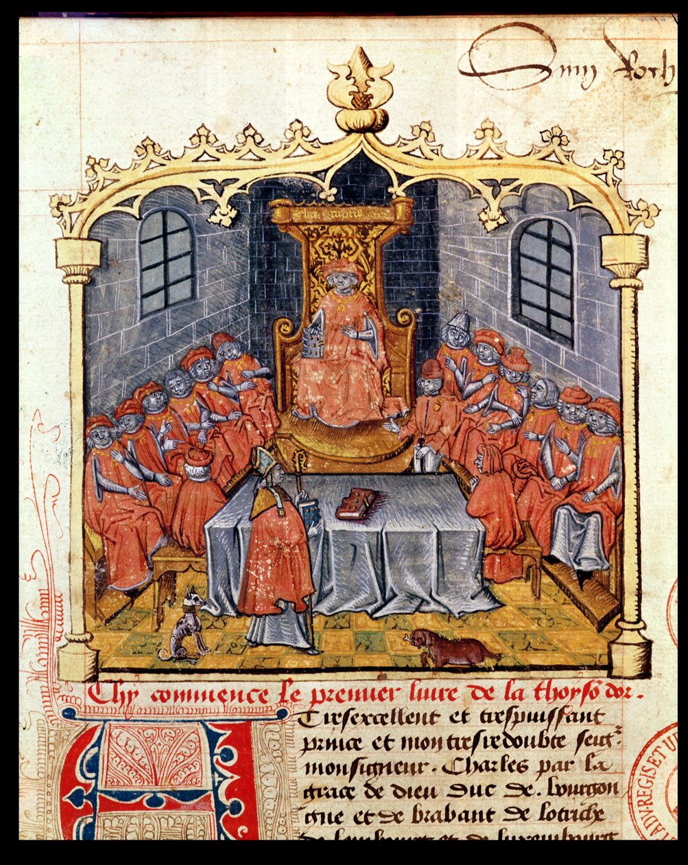 Fru 363 Karl den dristige (1433-77) hertug av Burgund og ridderne av ordenen av det gylne skinn, fra The History of the Golden Fleece av Guillaume Filastre, midten av 1400-tallet (se også 1 av French School