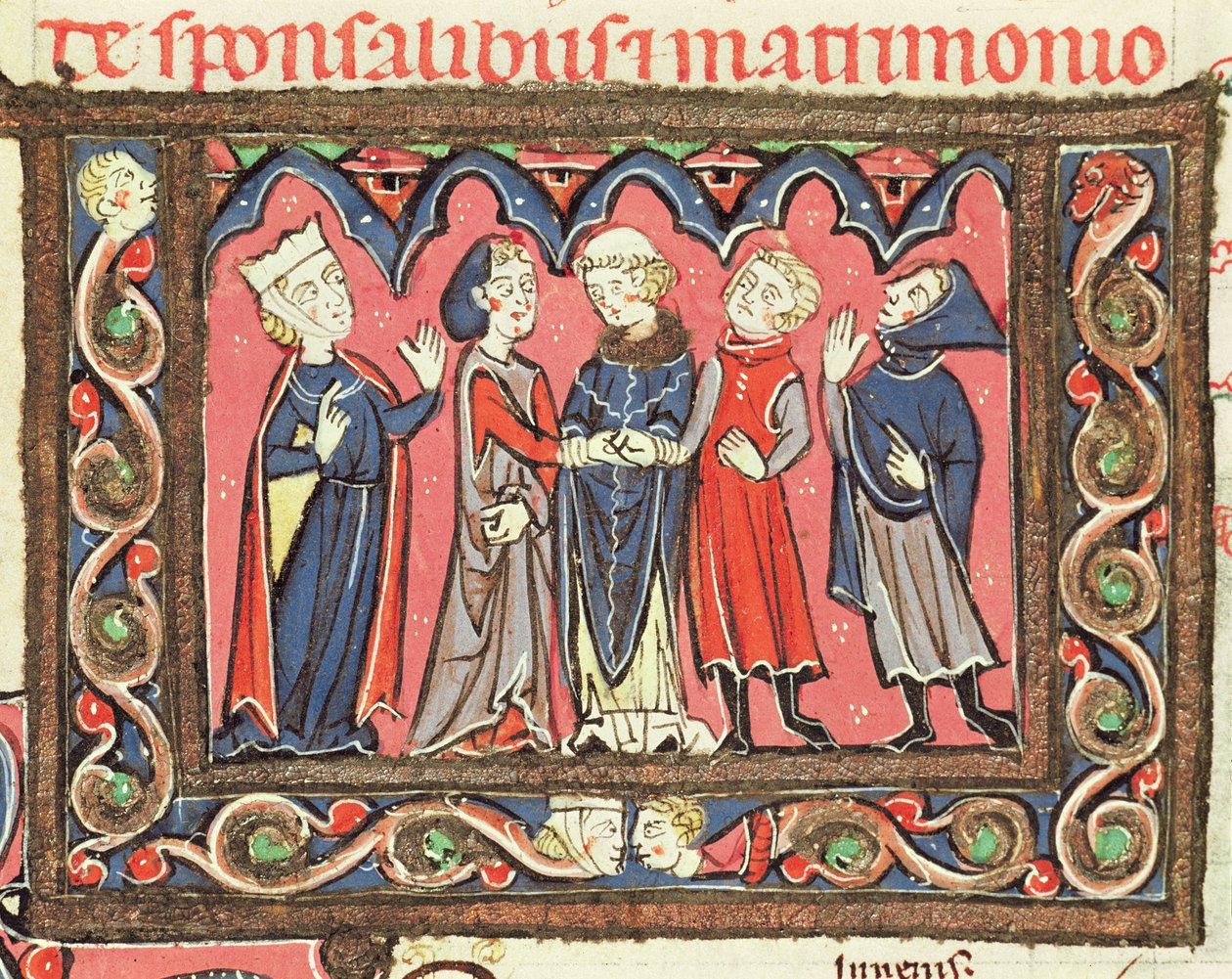 Ms 364 fol.166 Et ekteskap, illustrasjon fra Johannes Andreaes kommentarer om pavelige dekreter av French School