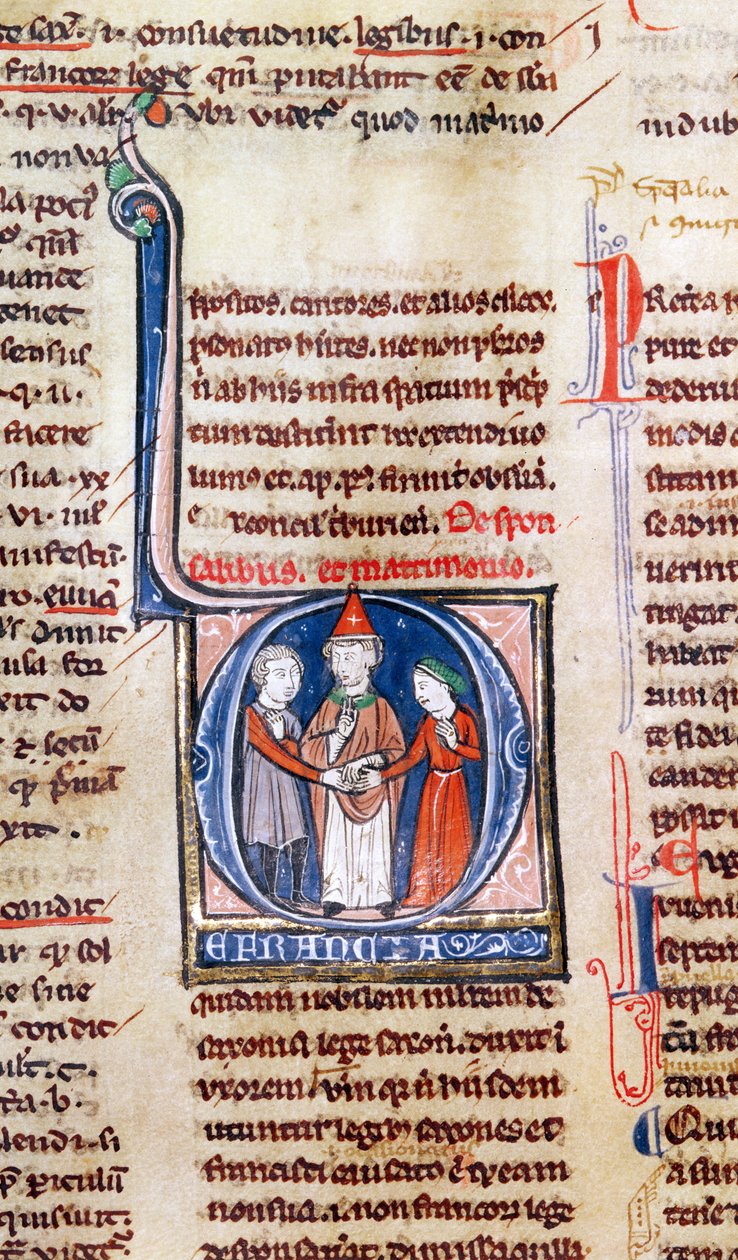 Ms 365 fol.318v Historikert initial D som viser et ekteskap, fra dekretene til Gregor IX av French School