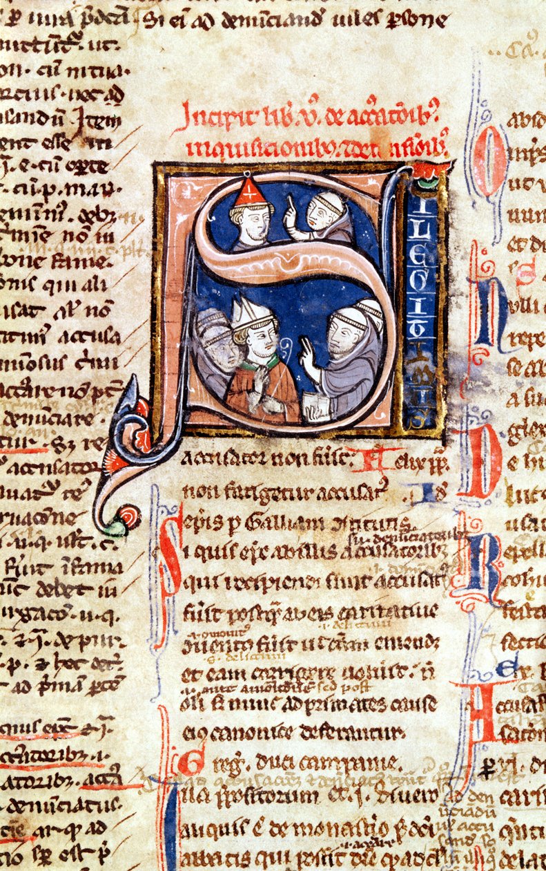 Ms 365 fol.350 Historikert initial S som viser pave Gregor IX (1220-50) med biskoper og abbeder, fra dekretene til Gregor IX av French School