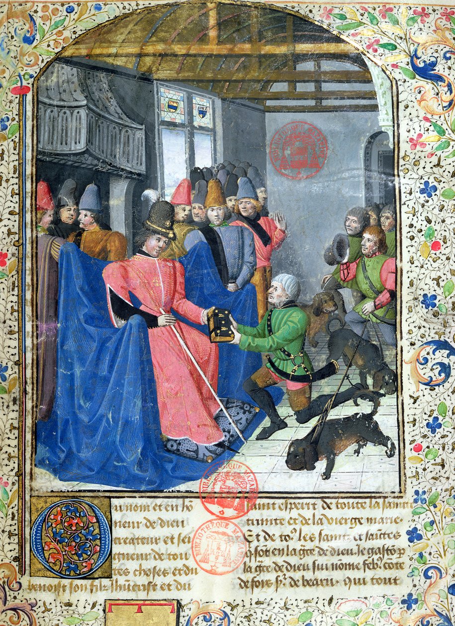 Ms 3717 Huntsman presenterer forfatteren en kopi av sin avhandling om jakt, fra Livre de la Chasse av Gaston Phebus de Foix (1331-91) av French School