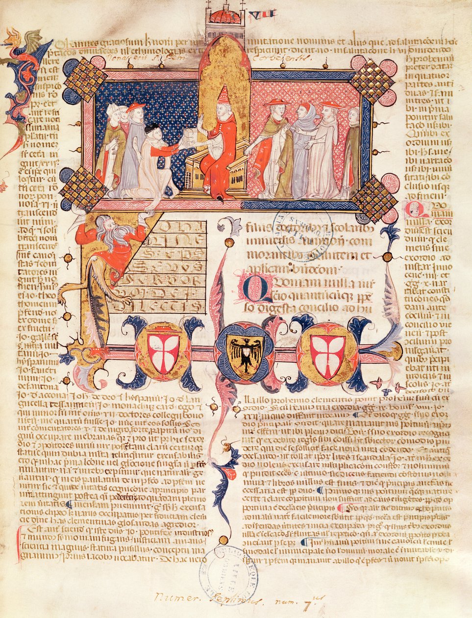 Ms 371 f.1 Jean Andre presenterer sitt arbeid for pave Clemens V (ca. 1260-1314) av French School