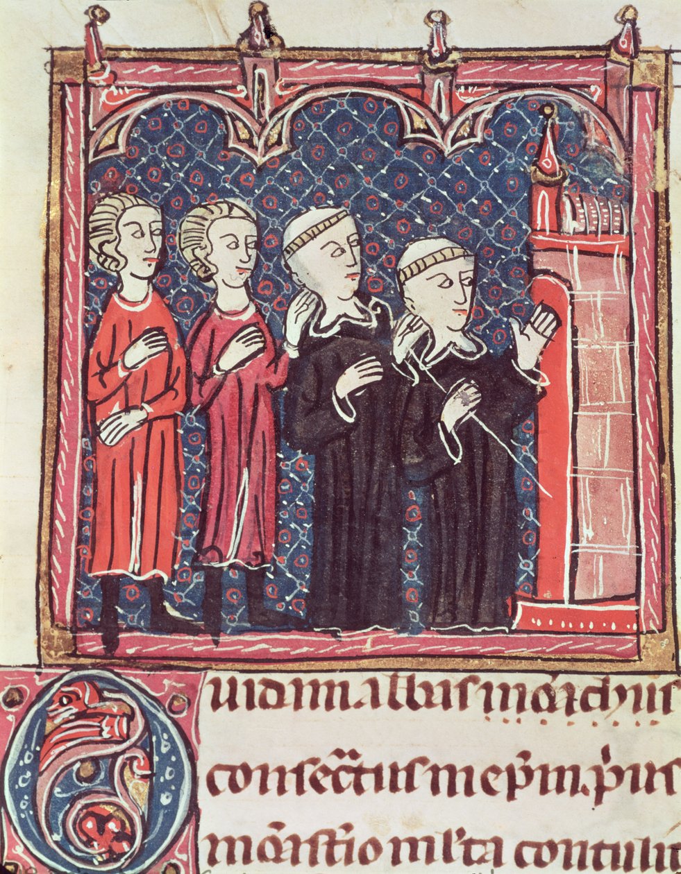 Ms 372 fol.47v Stiftelsen av et kloster, fra Decrets de Gratien av French School