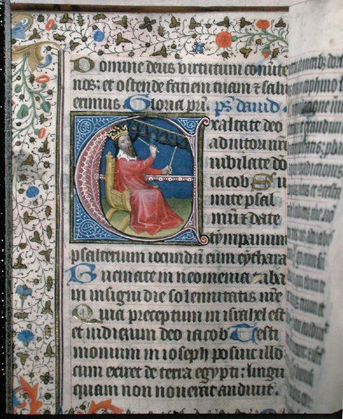 Ms 376 kong David spiller et klokkespill, illustrasjon fra en psalter, tidlig på 1400-tallet (vellum) av French School