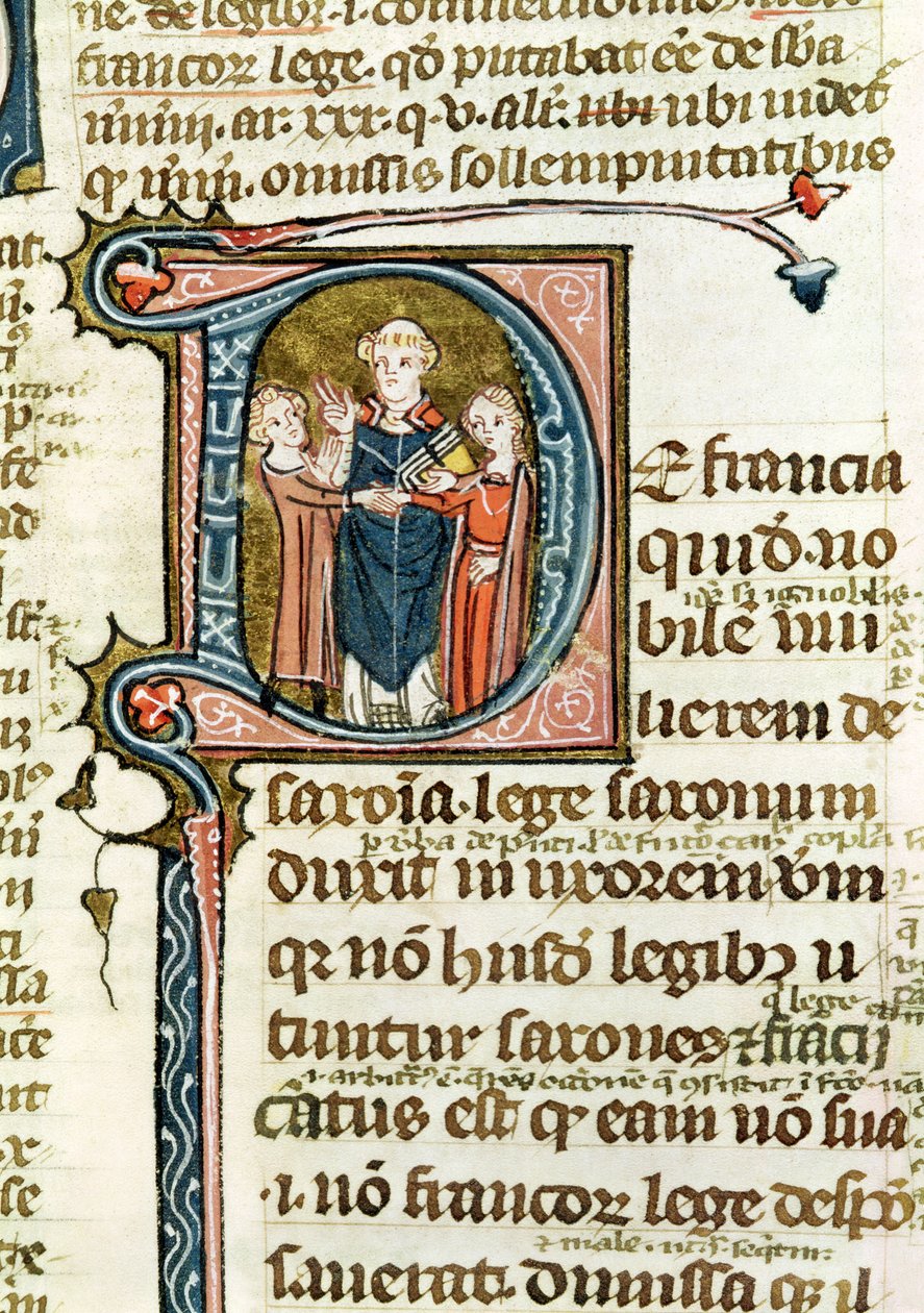 Ms 376 f.320 Historikert initial D som viser en prest som velsigner et ekteskap, fra Les Gregoriennes av French School