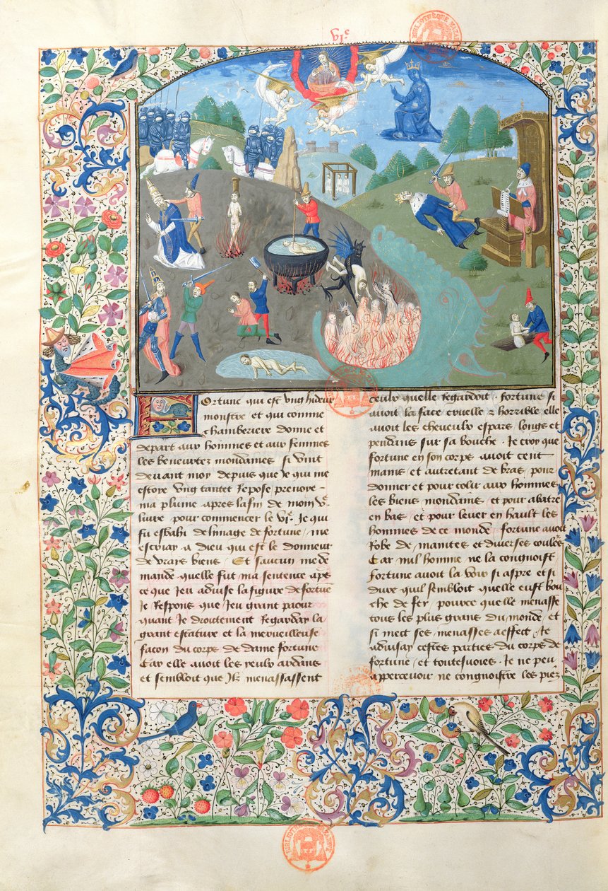 Ms 3878 Scener med kamp, drap og helvete fra De Casibus Virorum Illustrium av Giovanni Boccacci (1313-75) av French School