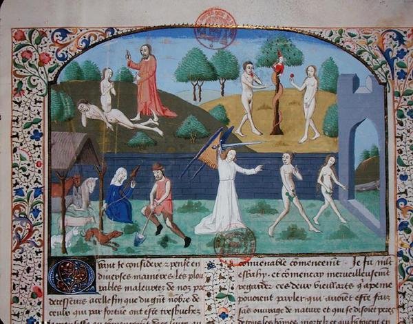 Ms 3878 The Creation of Eva, The Temptation and the Expulsion of Adam and Eva, fra 