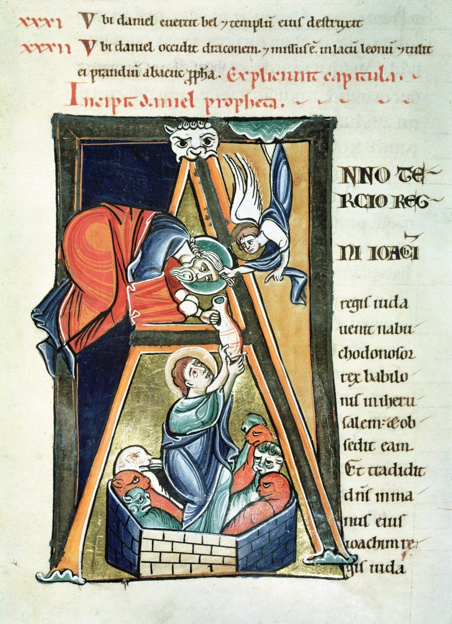 Ms 3 fol.233 Historikert initial A som viser Daniel i Løvehulen, fra Bibelen de Saint-Sulpice de Bourges av French School