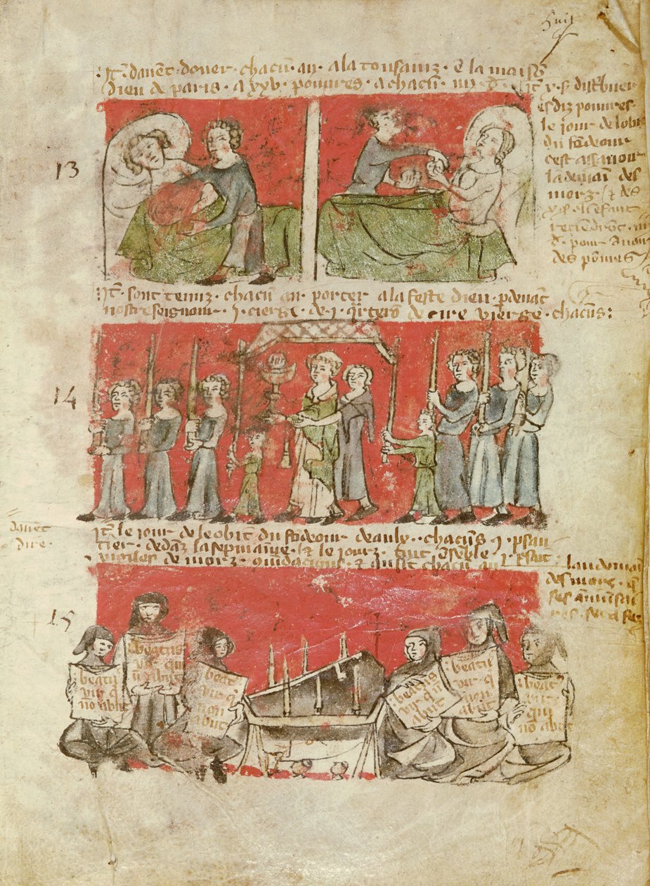 Ms 406 fol.6 Scener fra livene til studenter ved College of Hubant eller Ave Maria, fra vedtektene til College of Hubant, Paris, 1387 av French School