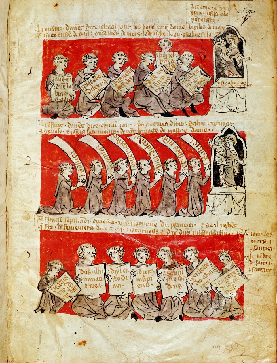 Ms 406 fol.6 Scener av livene til studentene ved College of Hubant eller College of the Blessed Virgin i Paris, fra vedtektene til College of Hubant, 1387 av French School