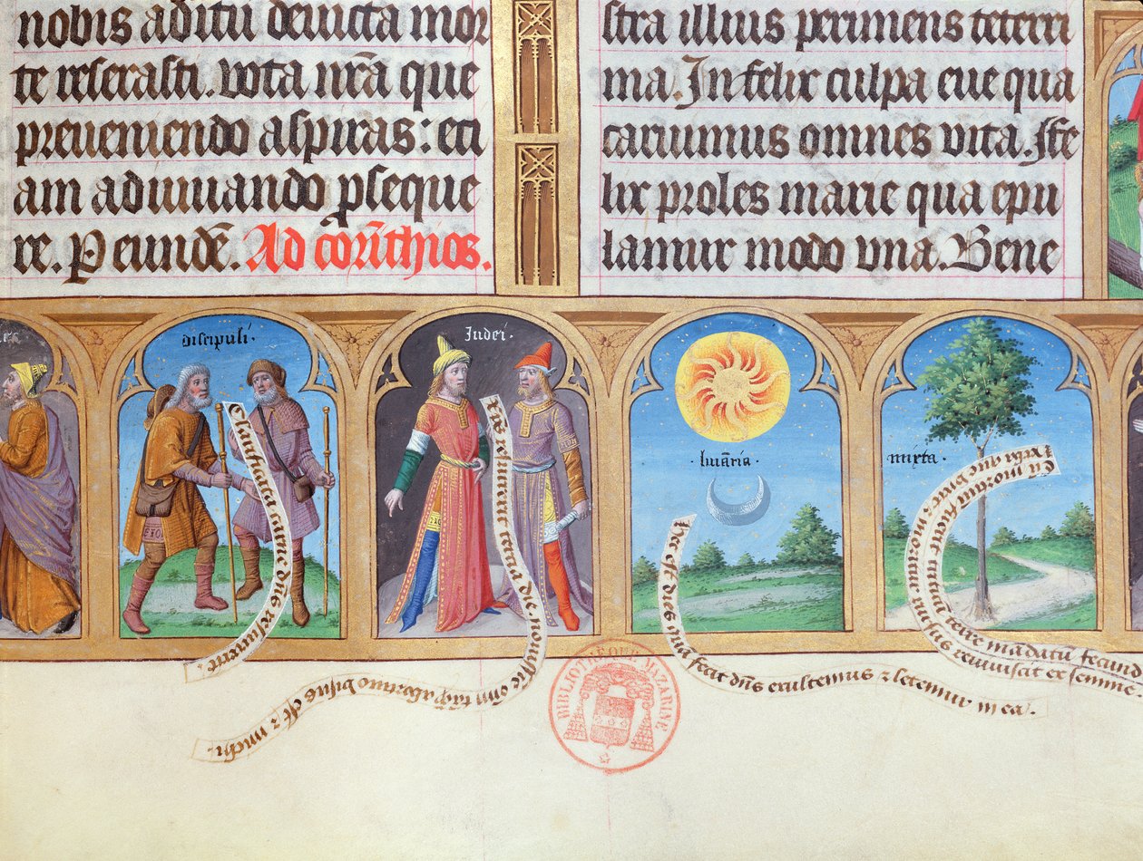 Ms 412 Time Book med illustrasjoner av pilegrimer, jøder. sol, måne og myrt av French School