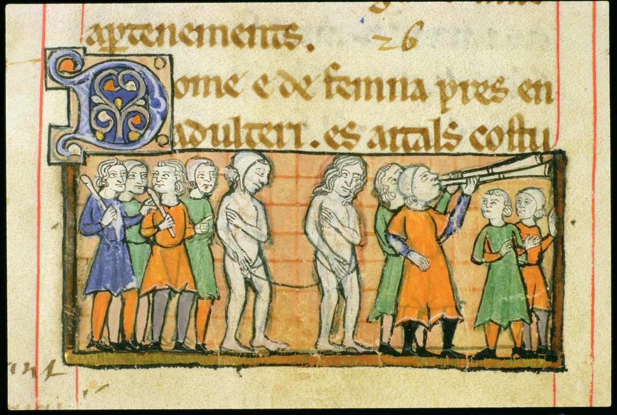 Ms 41 f.42v Straff av to utroskapere ved nakenprosesjon gjennom byen, fra Livre Juratiore dAgen av French School