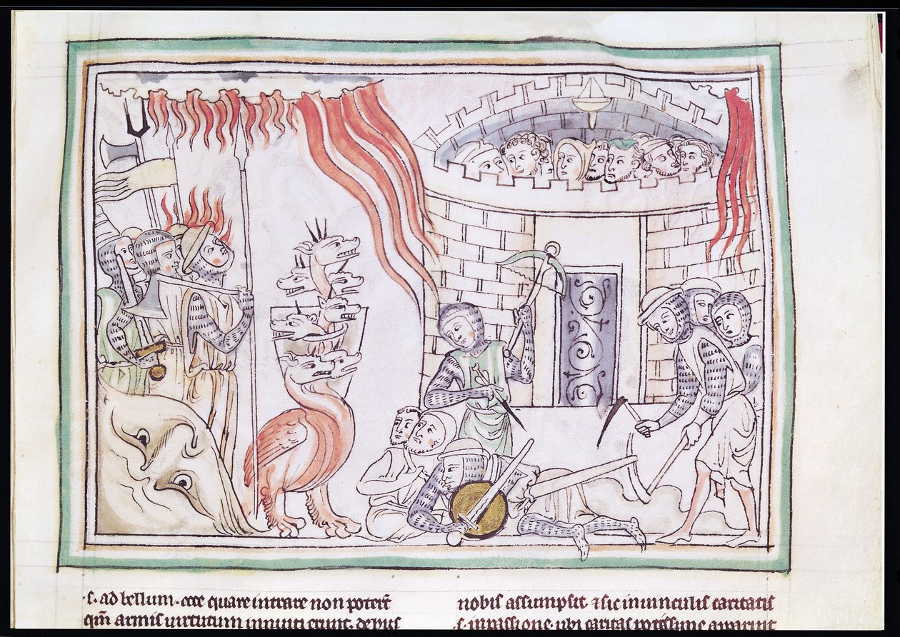 Ms 422 Fol.95r The Celestial Fire Destroying the Army of Satan, scene fra Apocalypse av French School