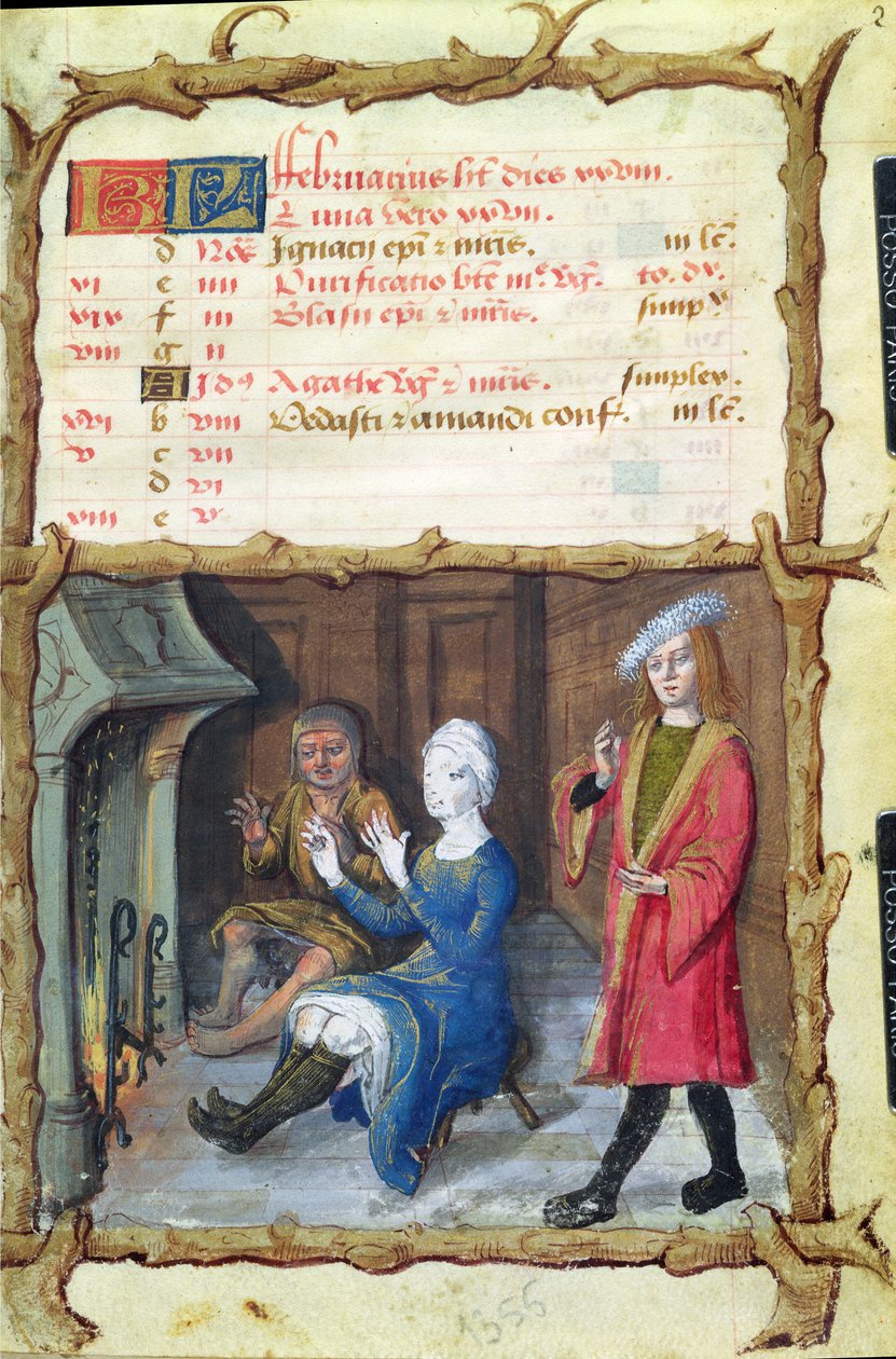 Ms 438 The Month of February: Warming Up foran ildstedet, fra en timebok, 1490 av French School