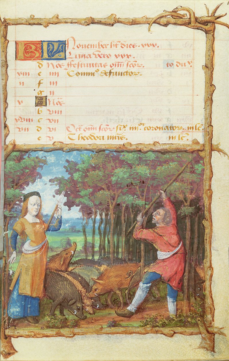 Ms 438 The Month of November: Gathering Acorns, from a Book of Hours, 1490 av French School