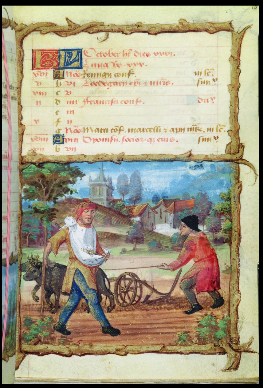 Ms 438 Oktobermåneden: Pløying og såing, fra en timebok, 1490 av French School